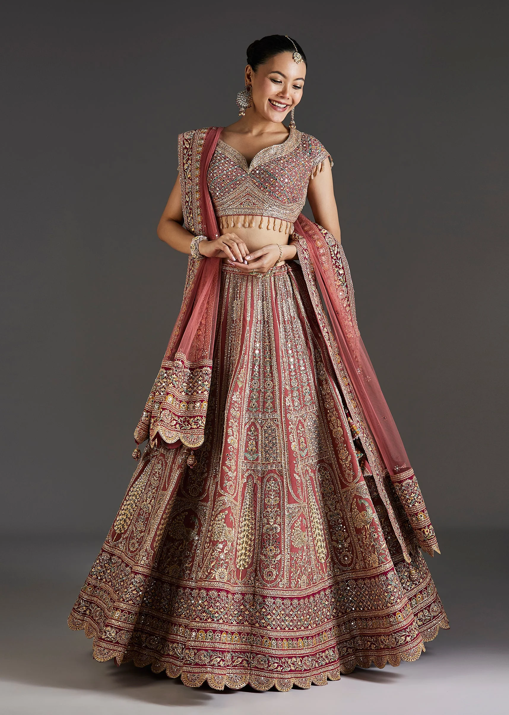 Pink Printed Lehenga With Mirror And Stone Accents
