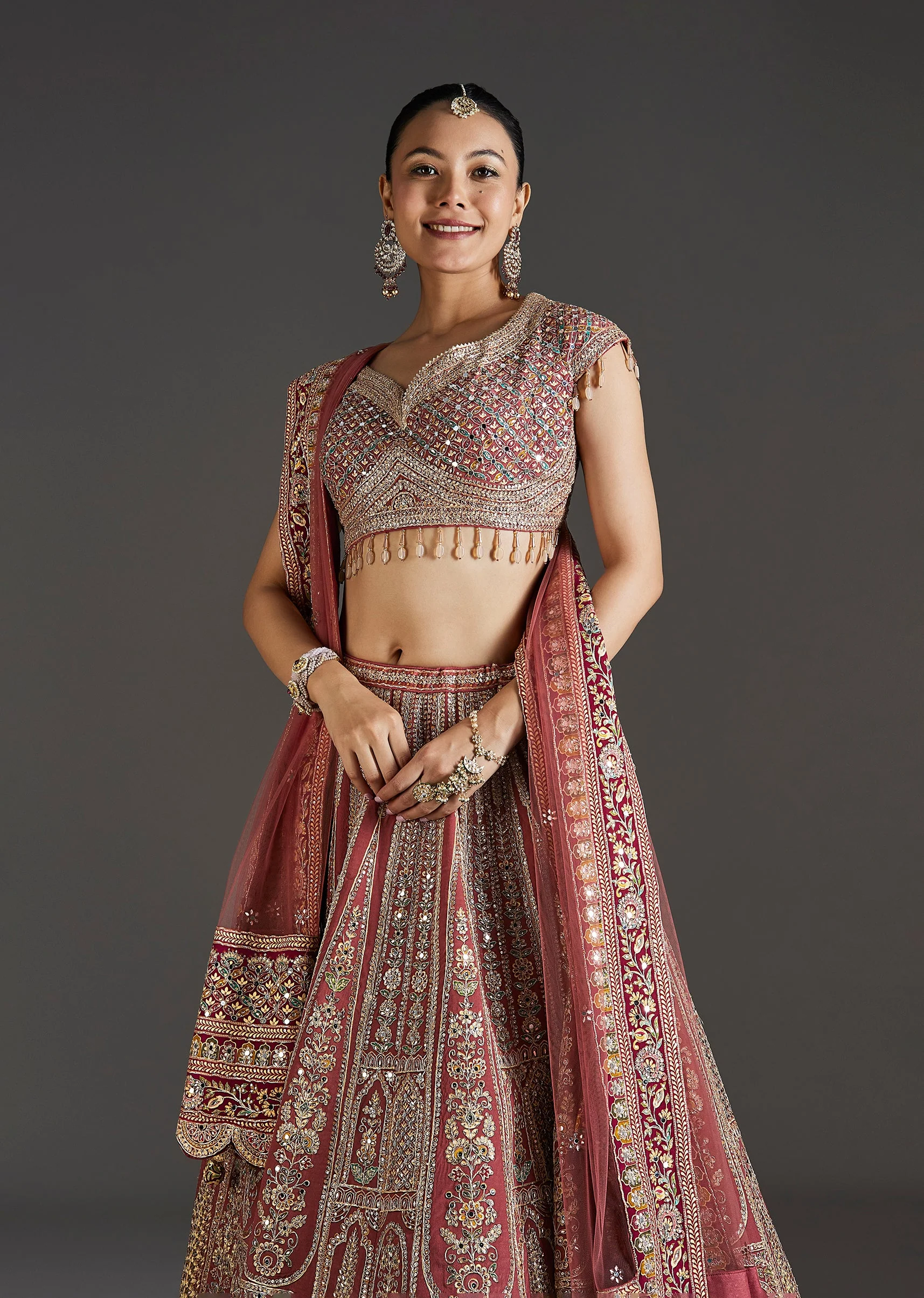 Pink Printed Lehenga With Mirror And Stone Accents