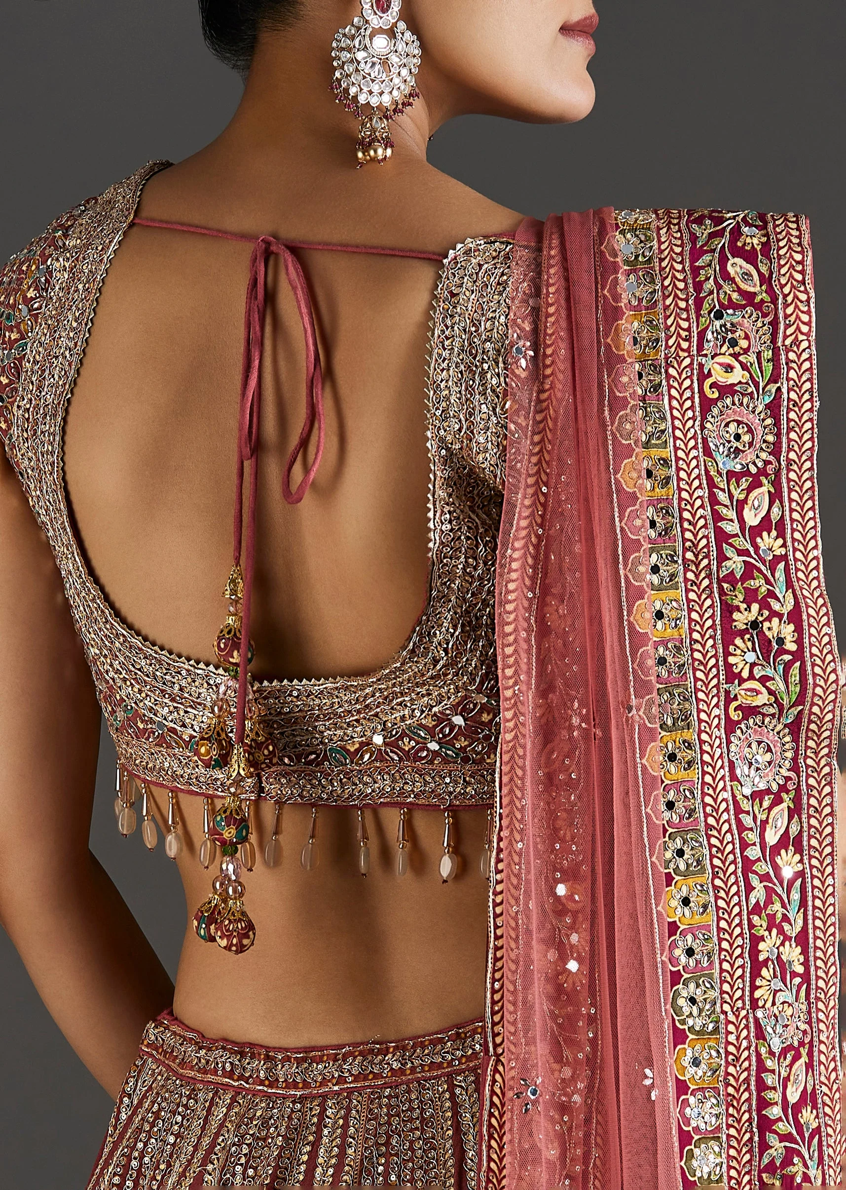 Pink Printed Lehenga With Mirror And Stone Accents