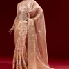 Peach Banarasi Tissue Saree With Chanderi Stripes And Embroidered Cutdana Belt