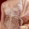 Peach Banarasi Tissue Saree With Chanderi Stripes And Embroidered Cutdana Belt