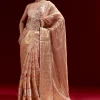 Peach Banarasi Tissue Saree With Chanderi Stripes And Embroidered Cutdana Belt