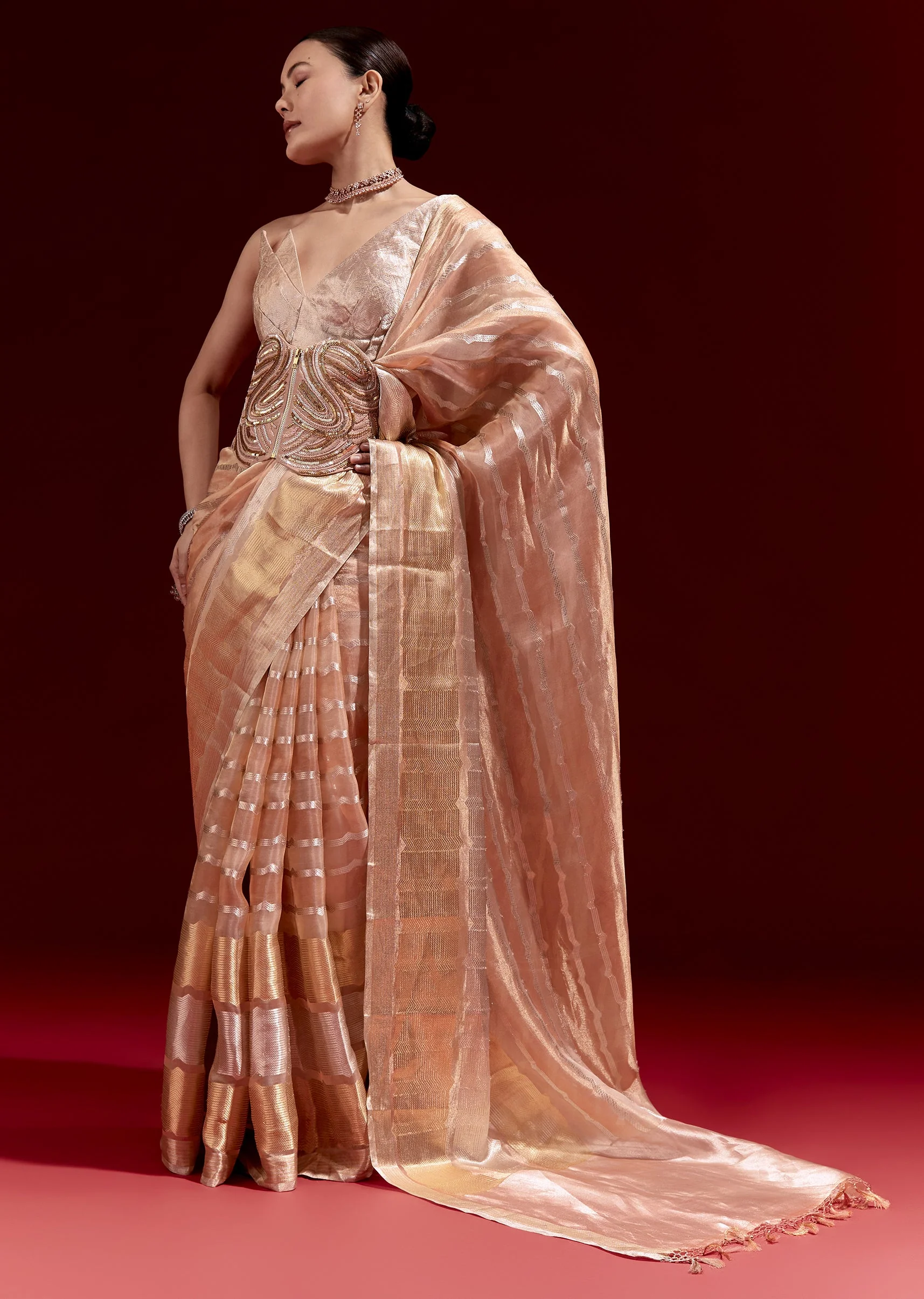 Peach Banarasi Tissue Saree With Chanderi Stripes And Embroidered Cutdana Belt