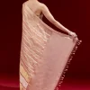 Peach Banarasi Tissue Saree With Chanderi Stripes And Embroidered Cutdana Belt