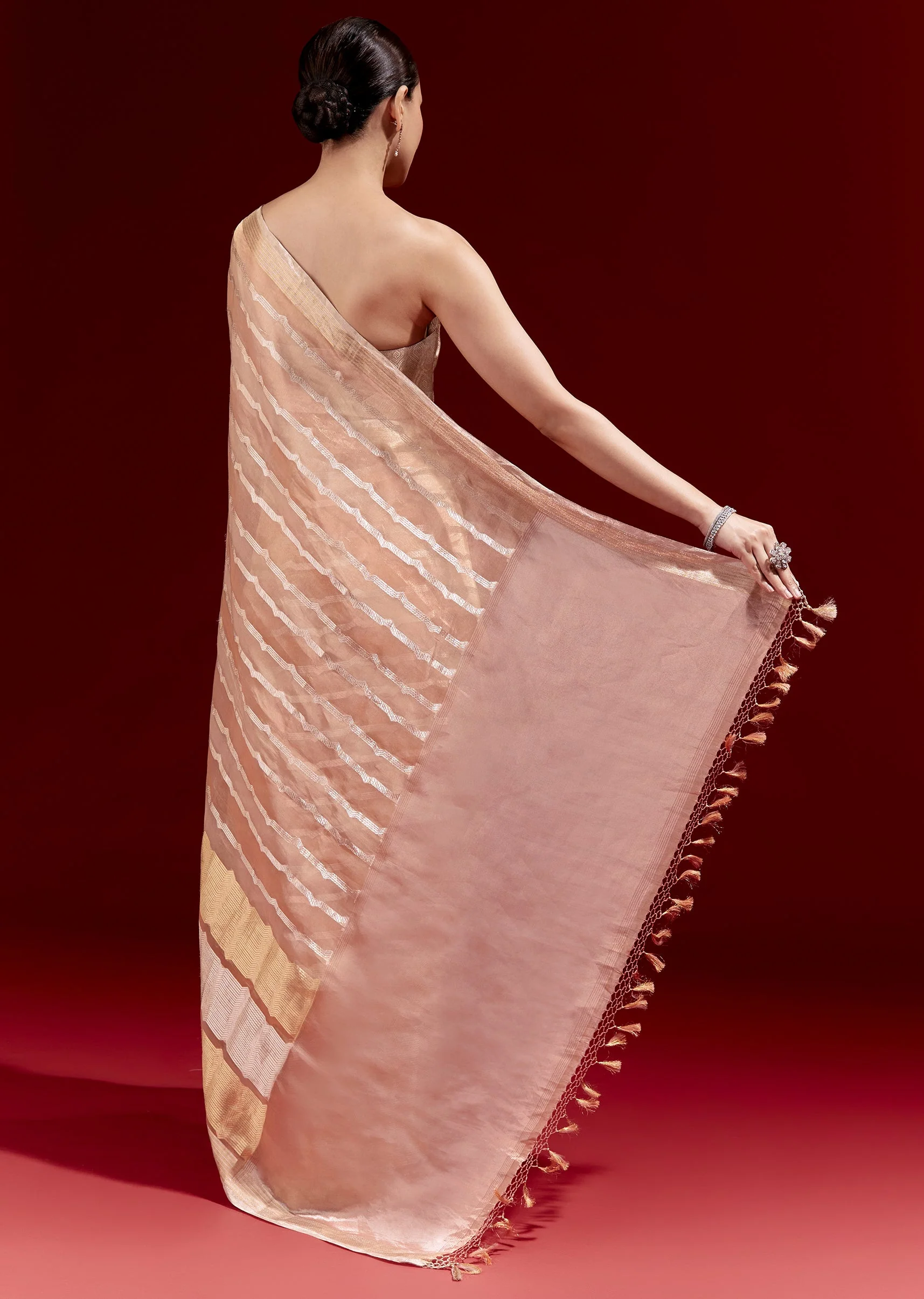 Peach Banarasi Tissue Saree With Chanderi Stripes And Embroidered Cutdana Belt