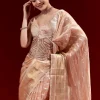 Peach Banarasi Tissue Saree With Chanderi Stripes And Embroidered Cutdana Belt
