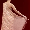 Peach Banarasi Tissue Saree With Chanderi Stripes And Embroidered Cutdana Belt