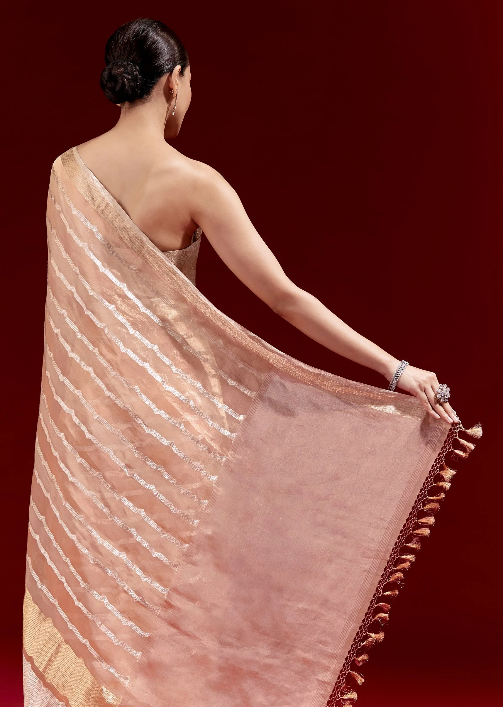 Peach Banarasi Tissue Saree With Chanderi Stripes And Embroidered Cutdana Belt