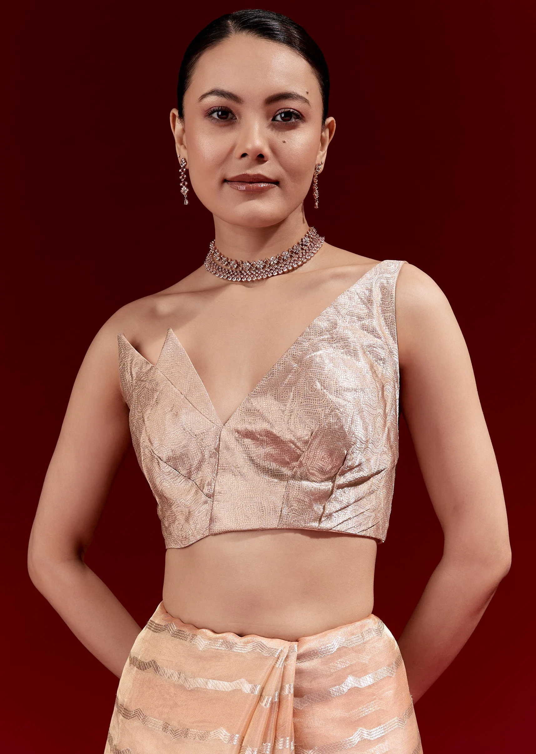 Peach Banarasi Tissue Saree With Chanderi Stripes And Embroidered Cutdana Belt