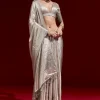 Metallic Silver Grey Banarasi Tissue Saree With Micro Geometric Weave And Floral Woven Border