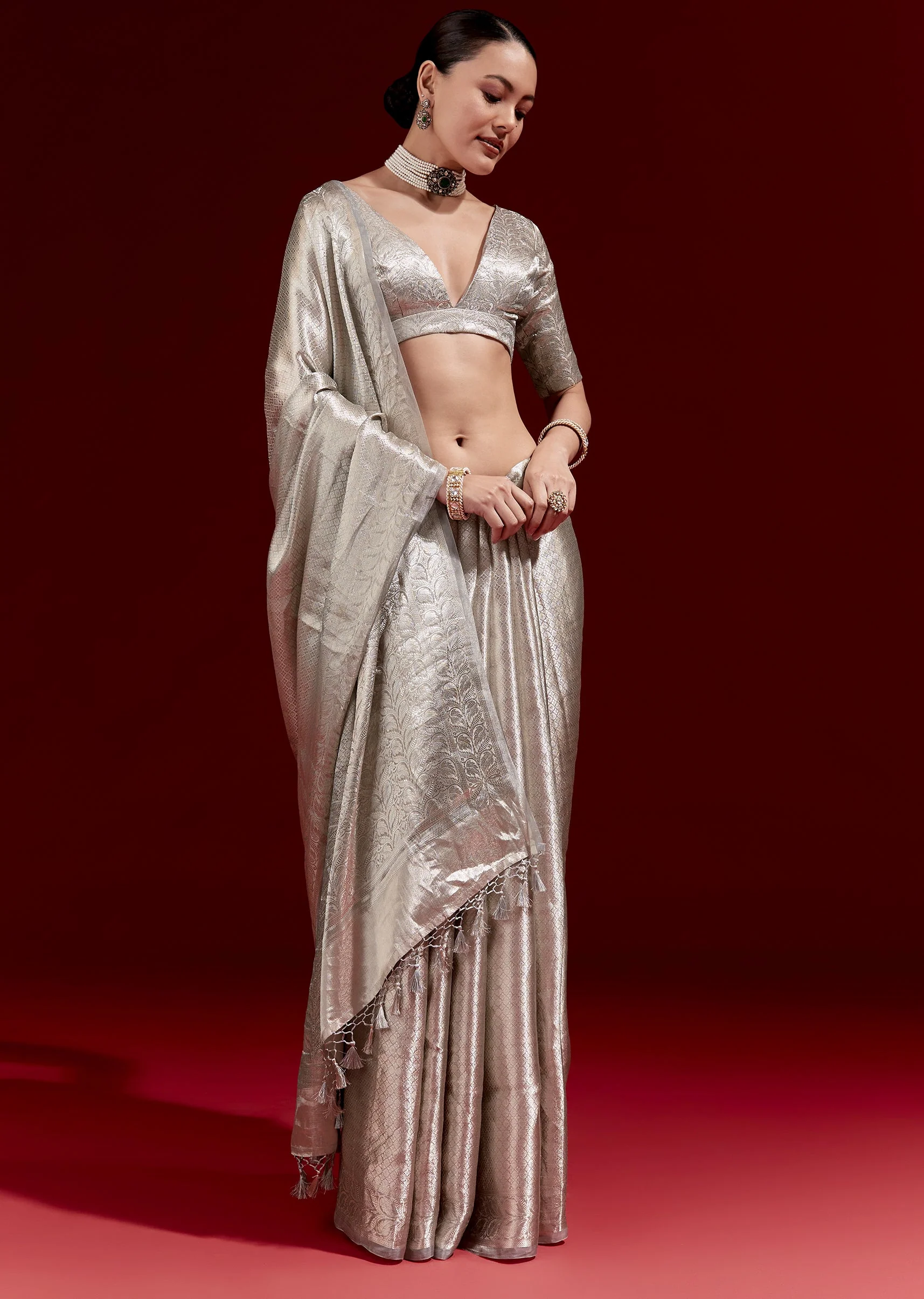 21464-metallic-silver-grey-banarasi-tissue-saree-with-micro-geometric-weave-and-floral-woven-border-1.webp Metallic Silver Grey Banarasi Tissue Saree With Micro Geometric Weave And Floral Woven Border