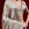 Metallic Silver Grey Banarasi Tissue Saree With Micro Geometric Weave And Floral Woven Border