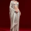 Metallic Silver Grey Banarasi Tissue Saree With Micro Geometric Weave And Floral Woven Border