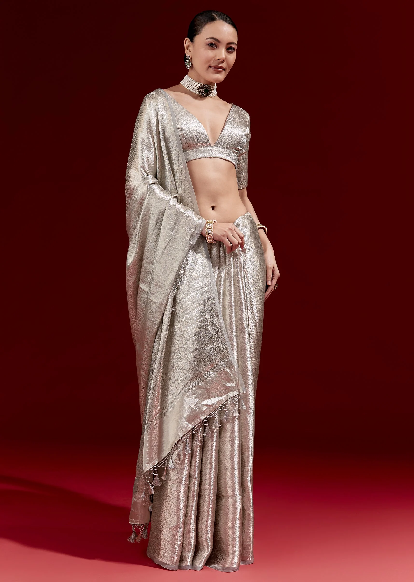 Metallic Silver Grey Banarasi Tissue Saree With Micro Geometric Weave And Floral Woven Border