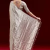 Metallic Silver Grey Banarasi Tissue Saree With Micro Geometric Weave And Floral Woven Border