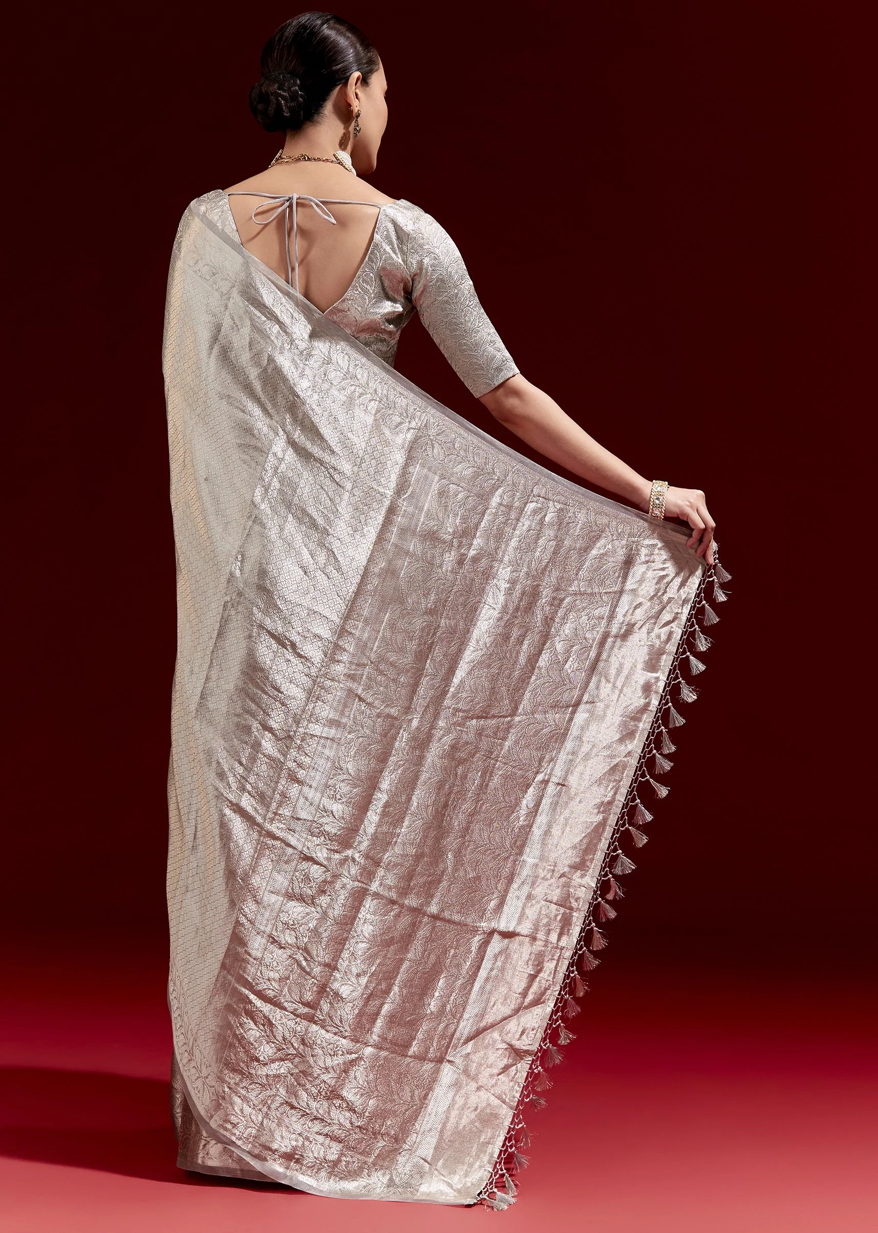 Metallic Silver Grey Banarasi Tissue Saree With Micro Geometric Weave And Floral Woven Border