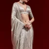 Metallic Silver Grey Banarasi Tissue Saree With Micro Geometric Weave And Floral Woven Border