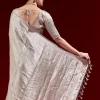 Metallic Silver Grey Banarasi Tissue Saree With Micro Geometric Weave And Floral Woven Border