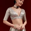 Metallic Silver Grey Banarasi Tissue Saree With Micro Geometric Weave And Floral Woven Border