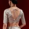 Metallic Silver Grey Banarasi Tissue Saree With Micro Geometric Weave And Floral Woven Border