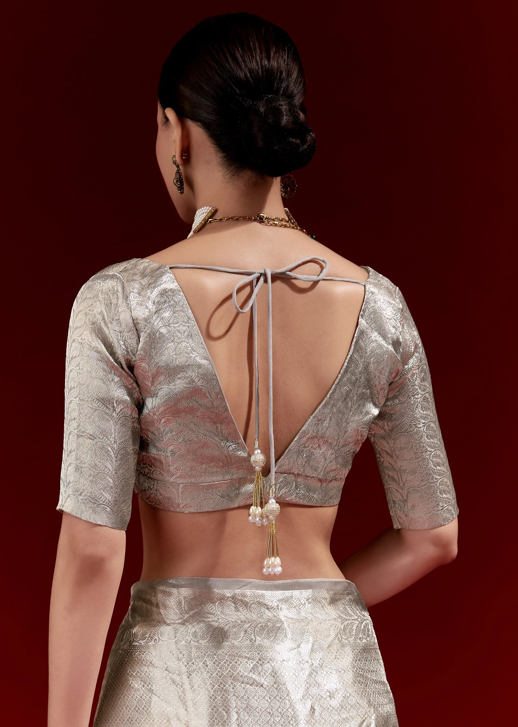 Metallic Silver Grey Banarasi Tissue Saree With Micro Geometric Weave And Floral Woven Border