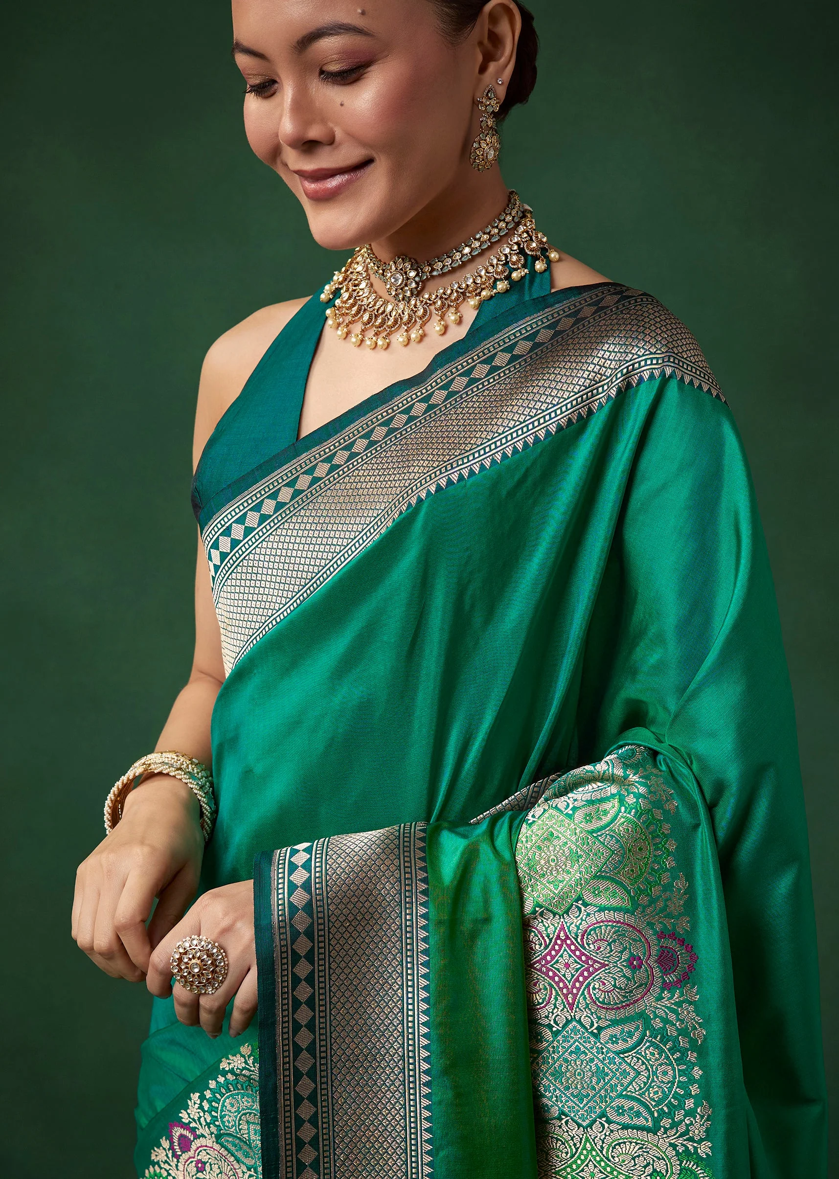 Green Shaded Banarasi Silk Saree with Unstitched Blouse
