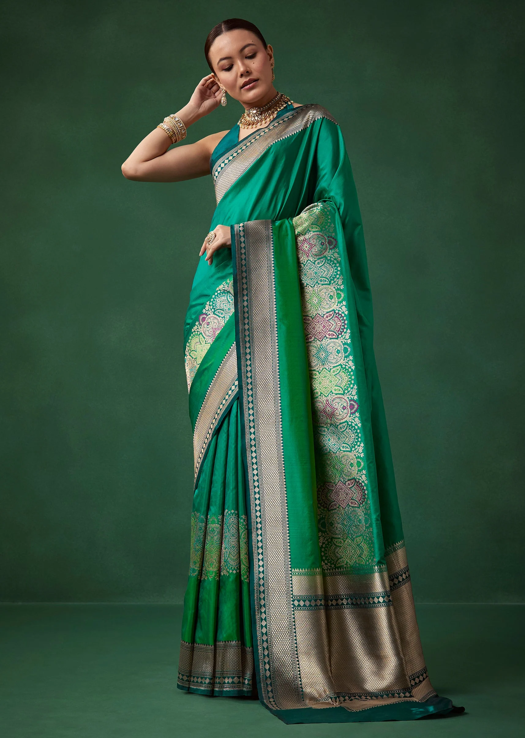 Green Shaded Banarasi Silk Saree with Unstitched Blouse