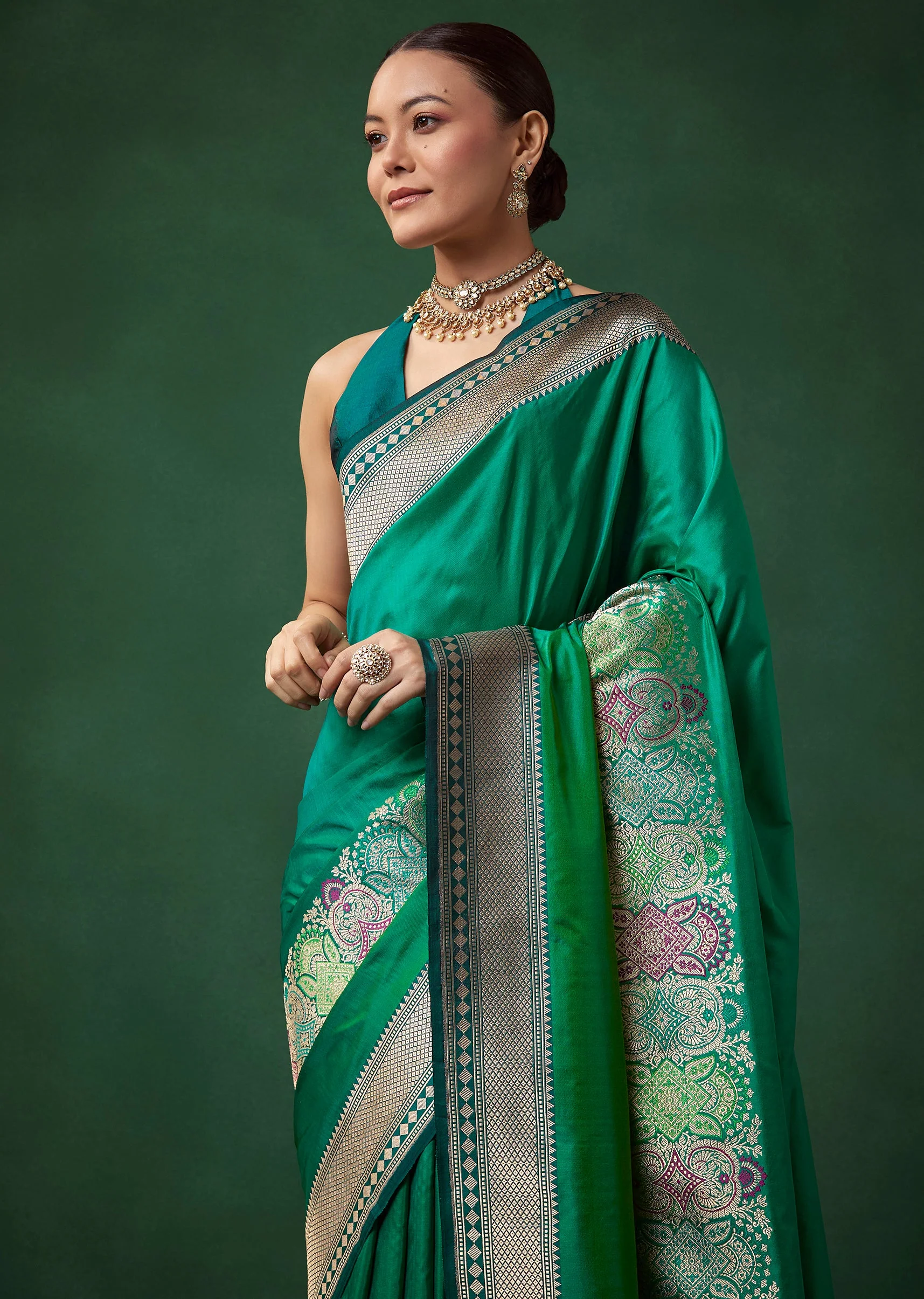 Green Shaded Banarasi Silk Saree with Unstitched Blouse