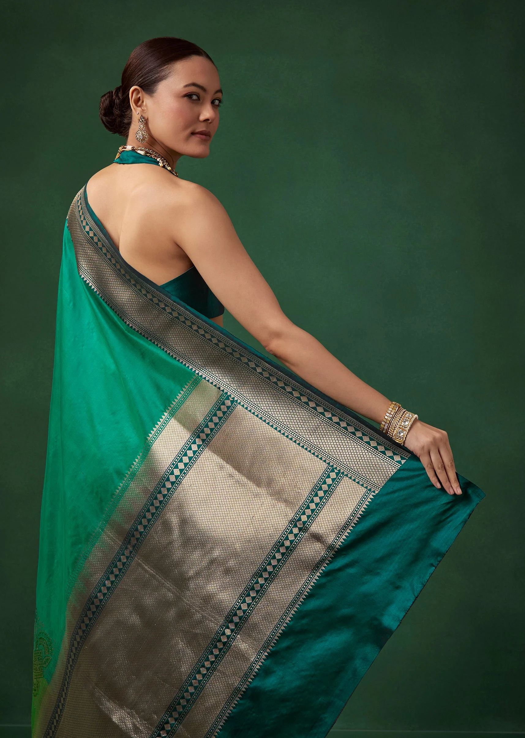 Green Shaded Banarasi Silk Saree with Unstitched Blouse