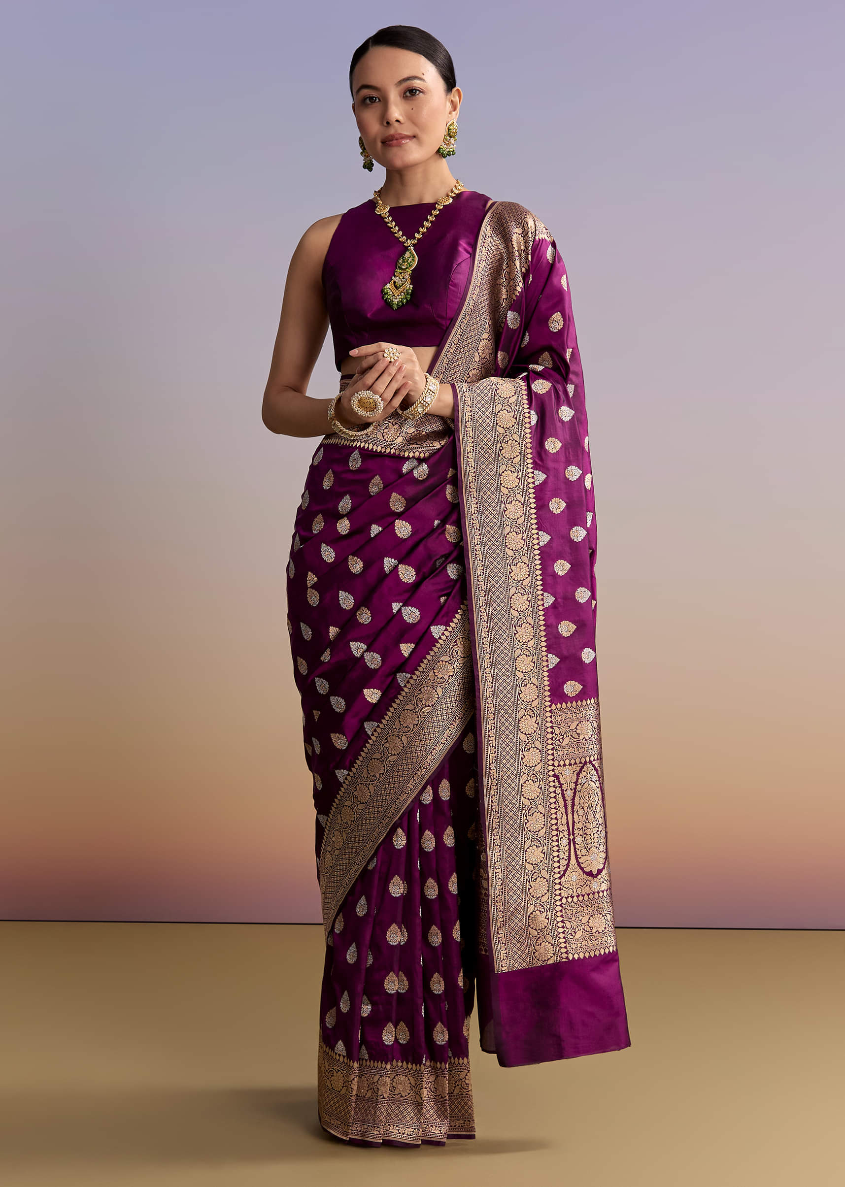 Wine Silk Handwoven Banarasi Saree With Zari Butti