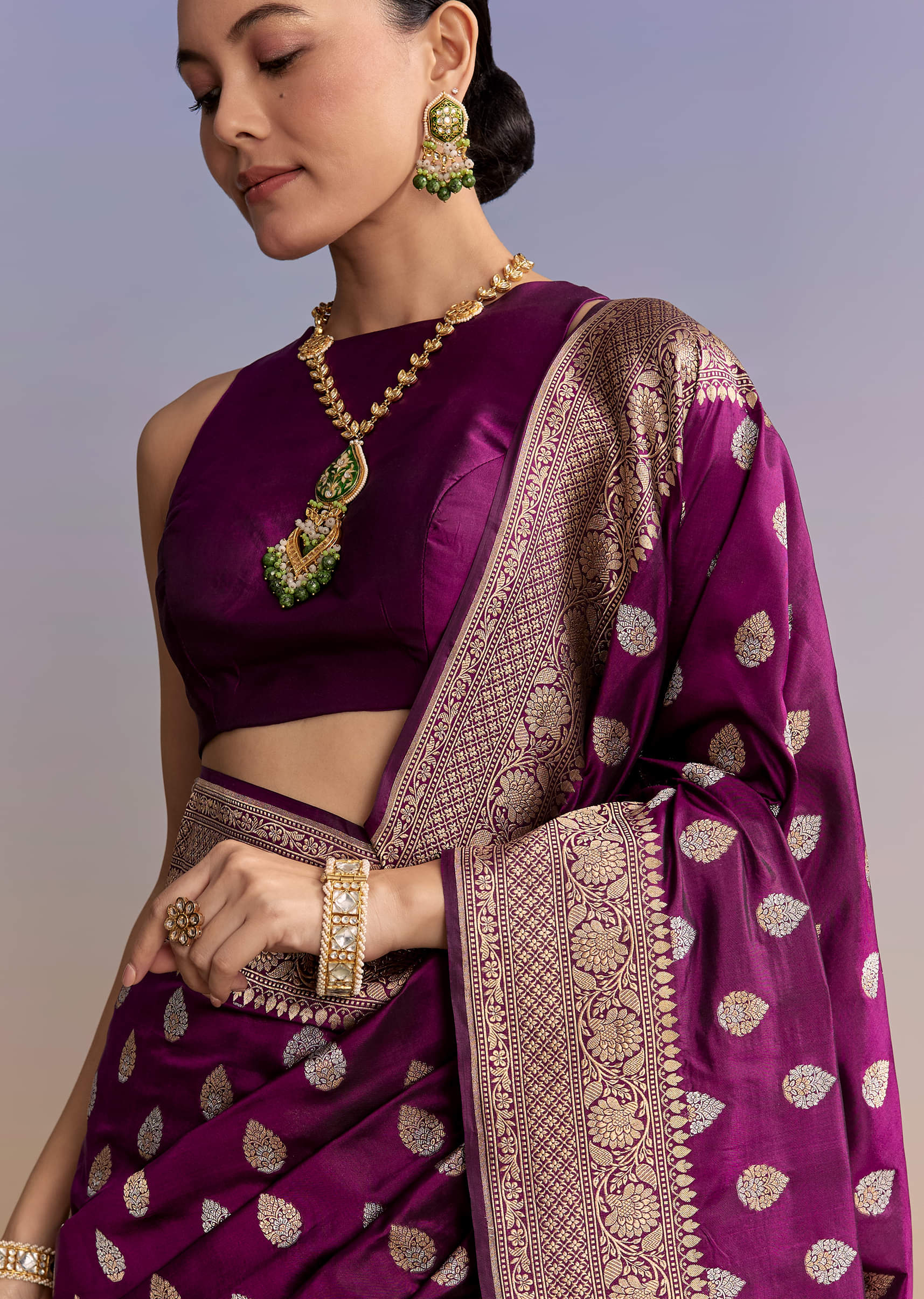 Wine Silk Handwoven Banarasi Saree With Zari Butti