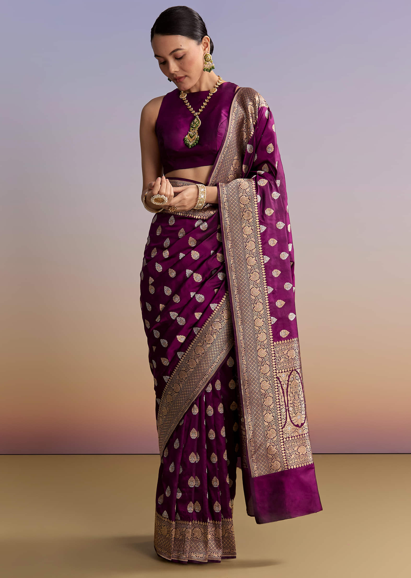 Wine Silk Handwoven Banarasi Saree With Zari Butti