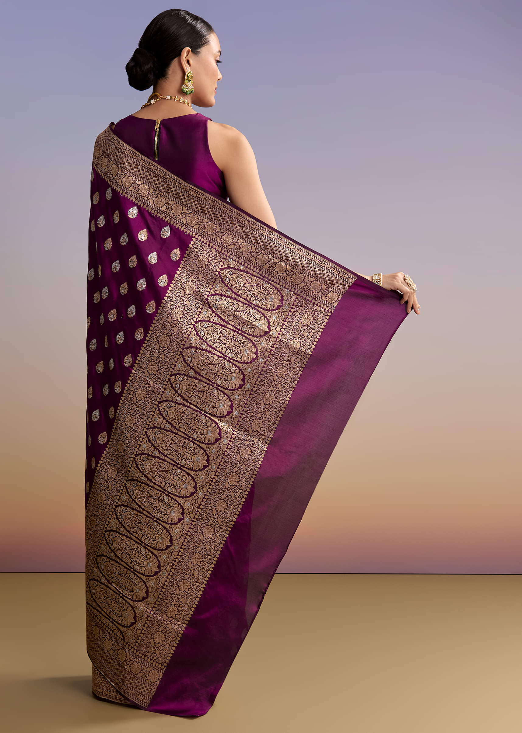 Wine Silk Handwoven Banarasi Saree With Zari Butti
