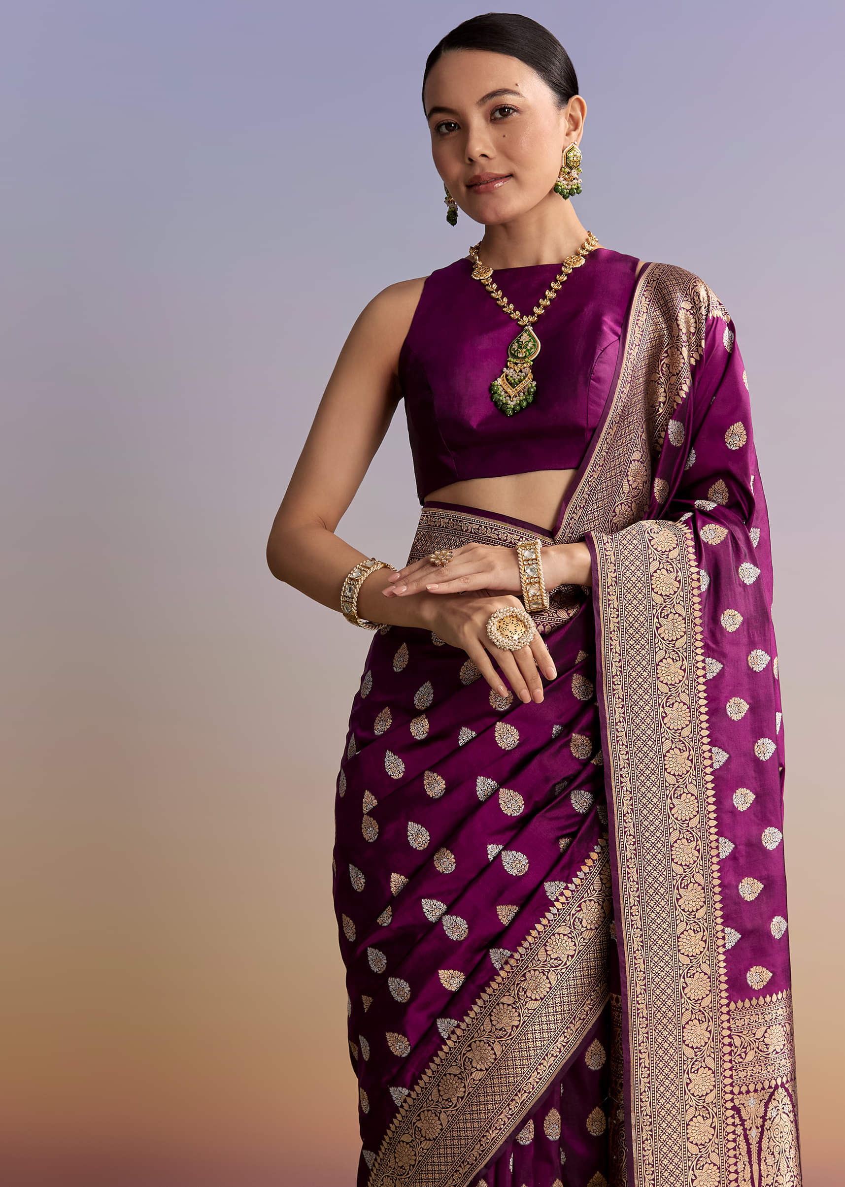Wine Silk Handwoven Banarasi Saree With Zari Butti