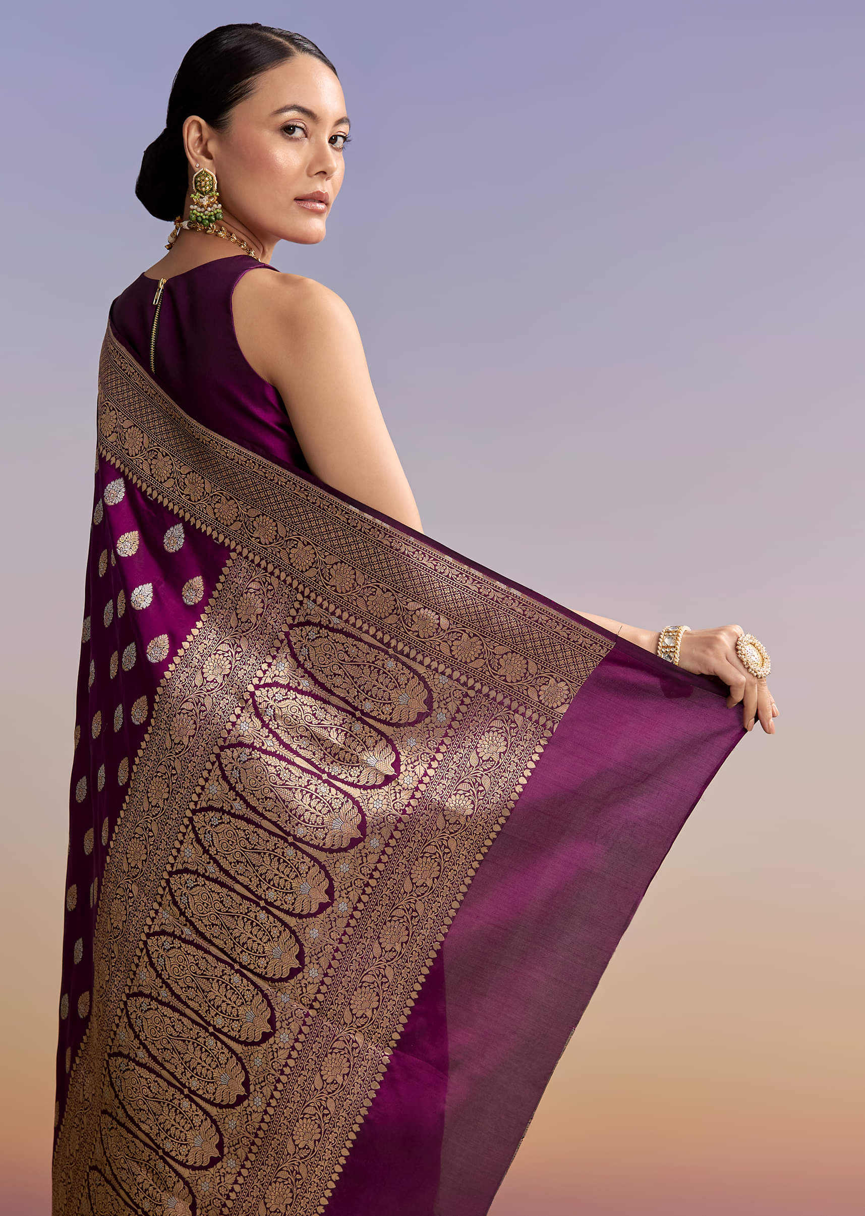 Wine Silk Handwoven Banarasi Saree With Zari Butti