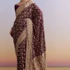 Wine Banarasi Silk Saree With Heavy Zari And Jaal Work