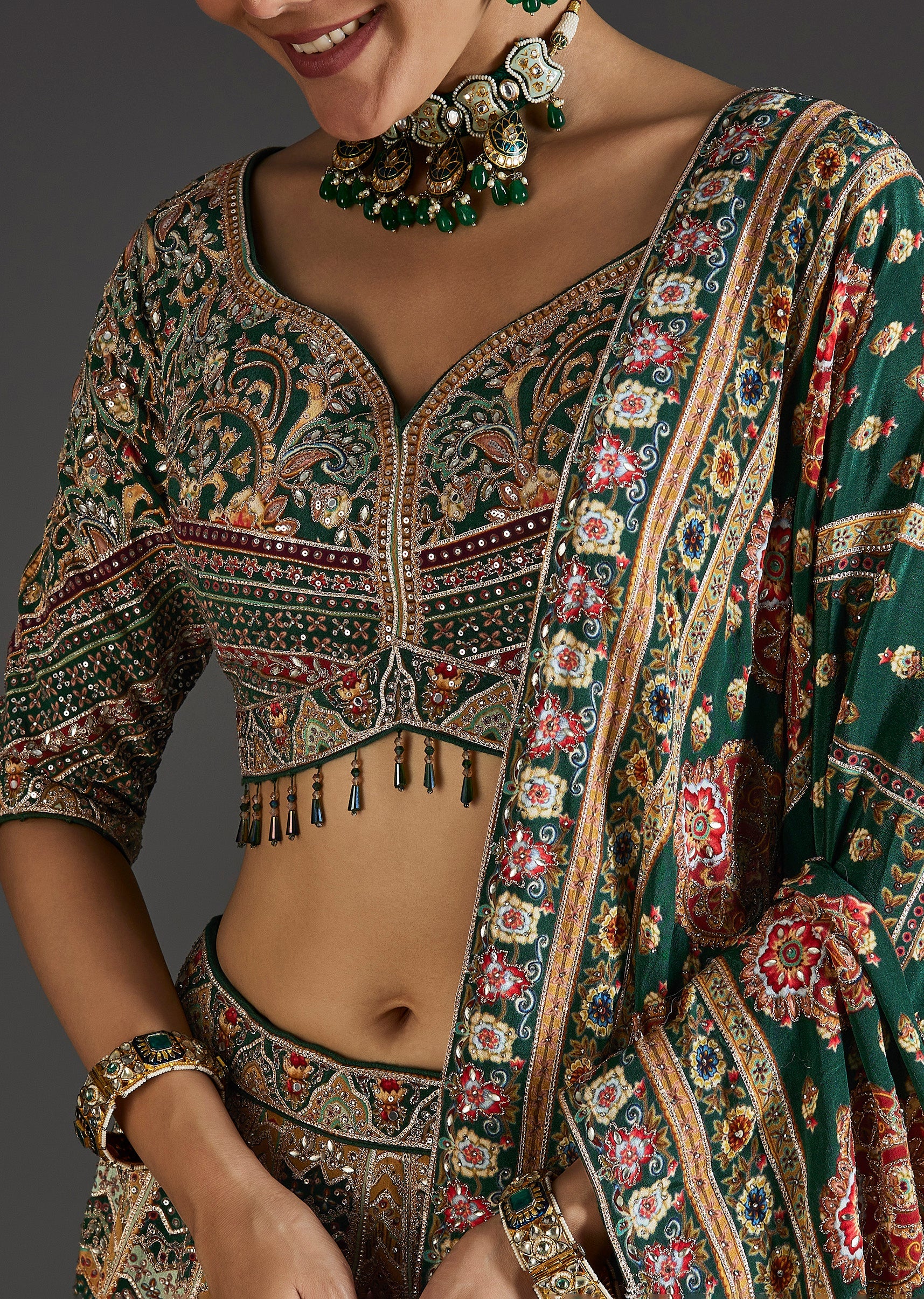 Dark Green Lehenga With Bold Festive Prints