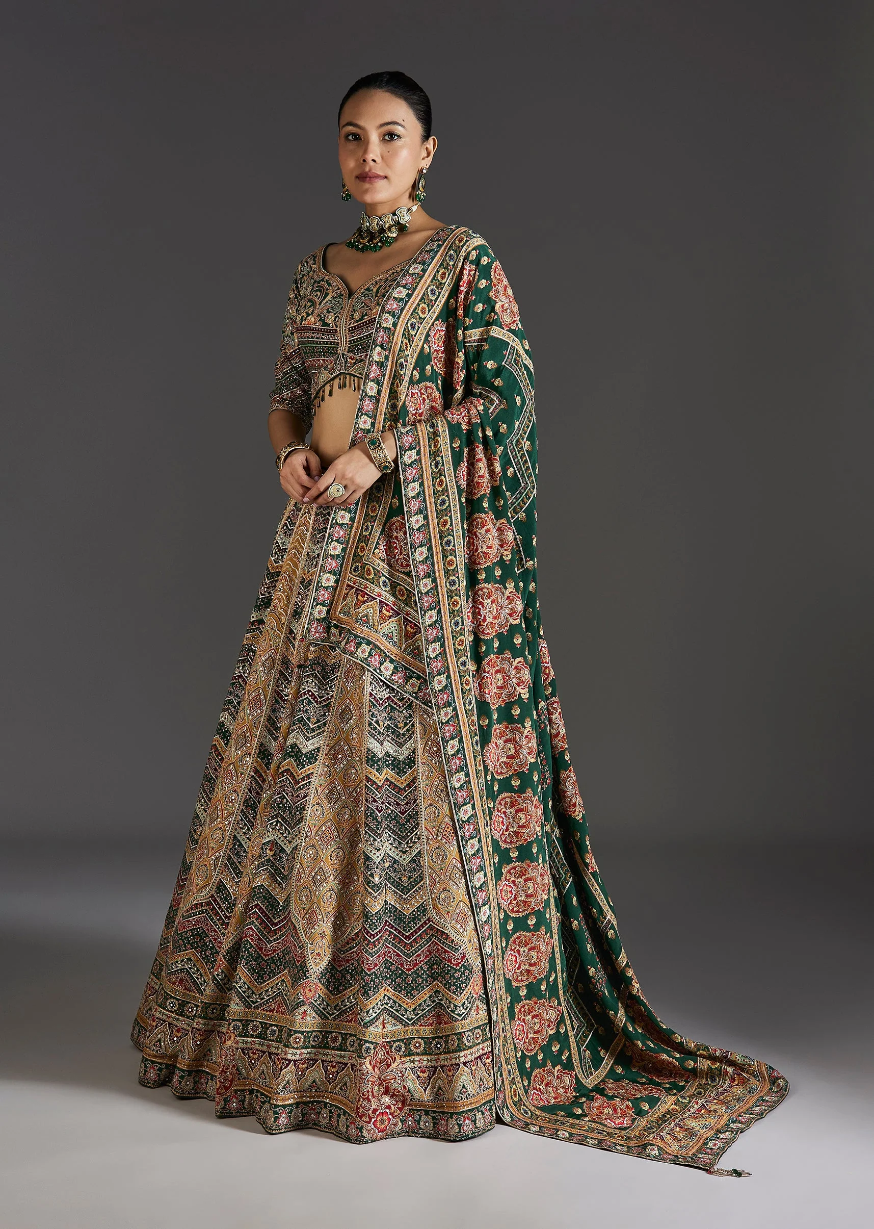Dark Green Lehenga With Bold Festive Prints