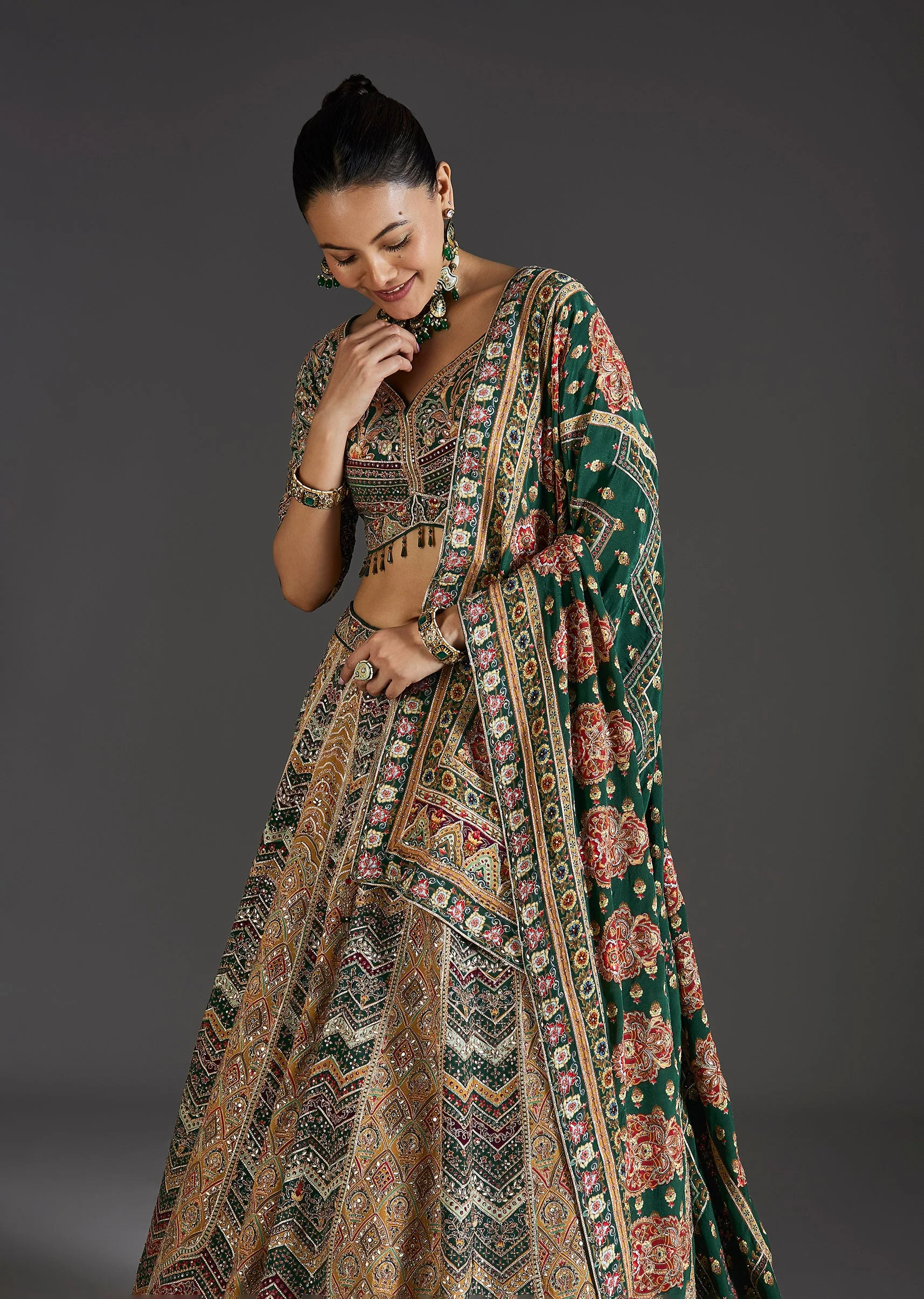 Dark Green Lehenga With Bold Festive Prints