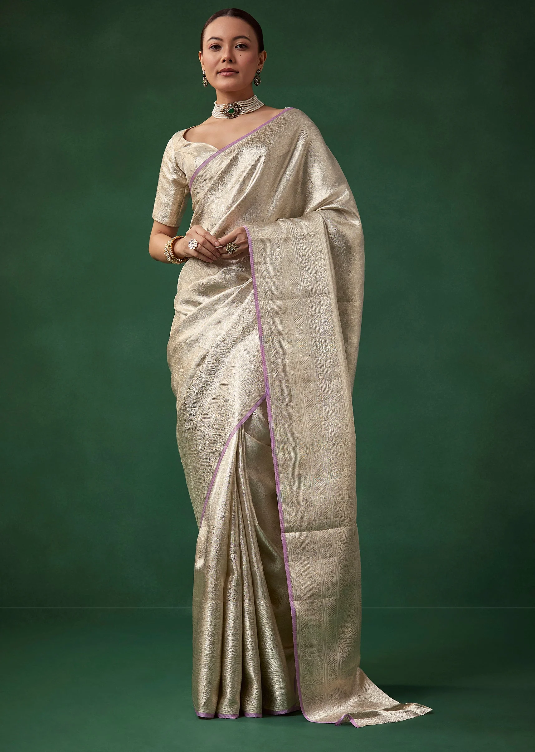 21539-silver-banarasi-jacquard-weave-saree-with-unstitched-blouse-1.webp Silver Banarasi Jacquard Weave Saree with Unstitched Blouse