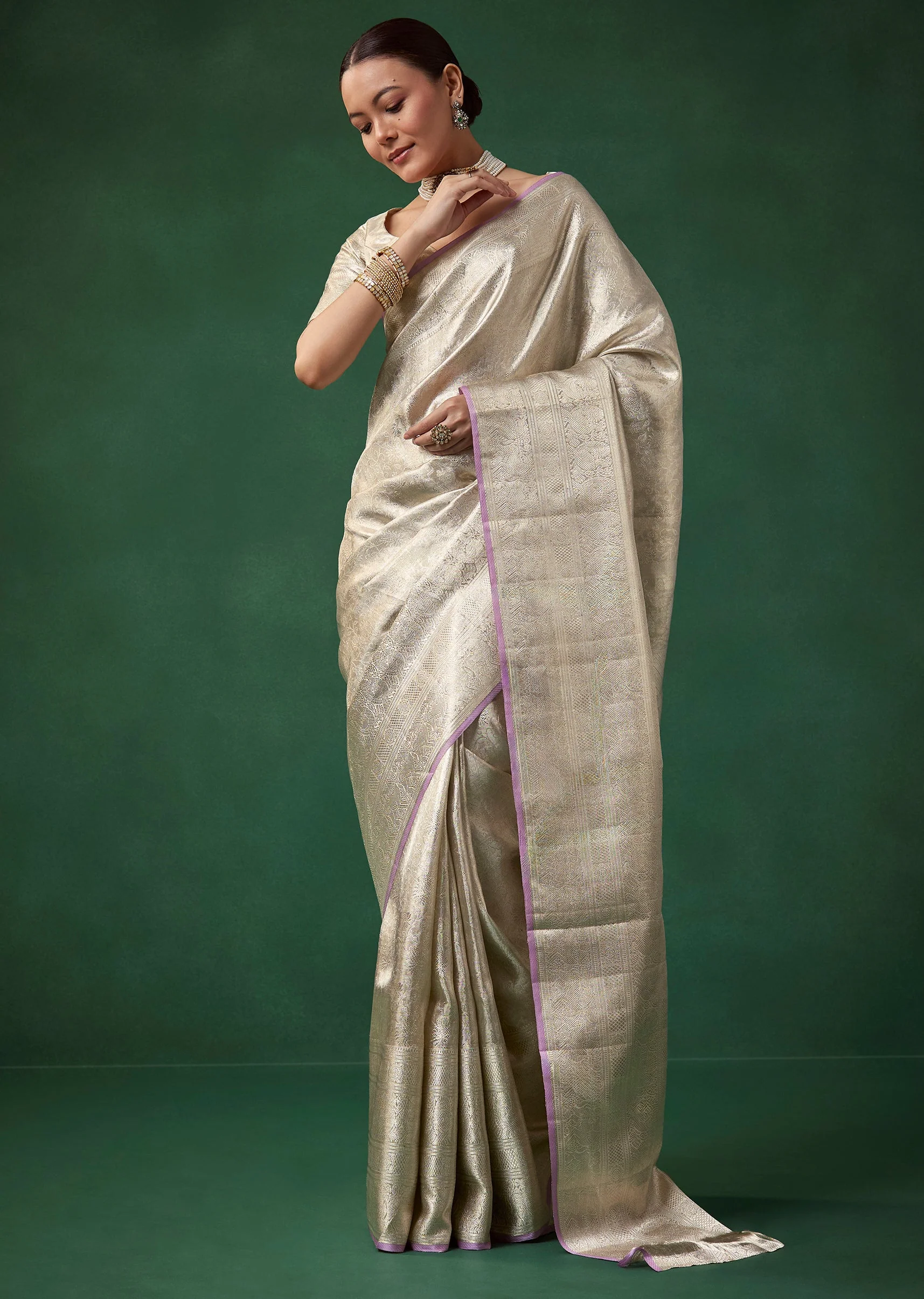 Silver Banarasi Jacquard Weave Saree with Unstitched Blouse
