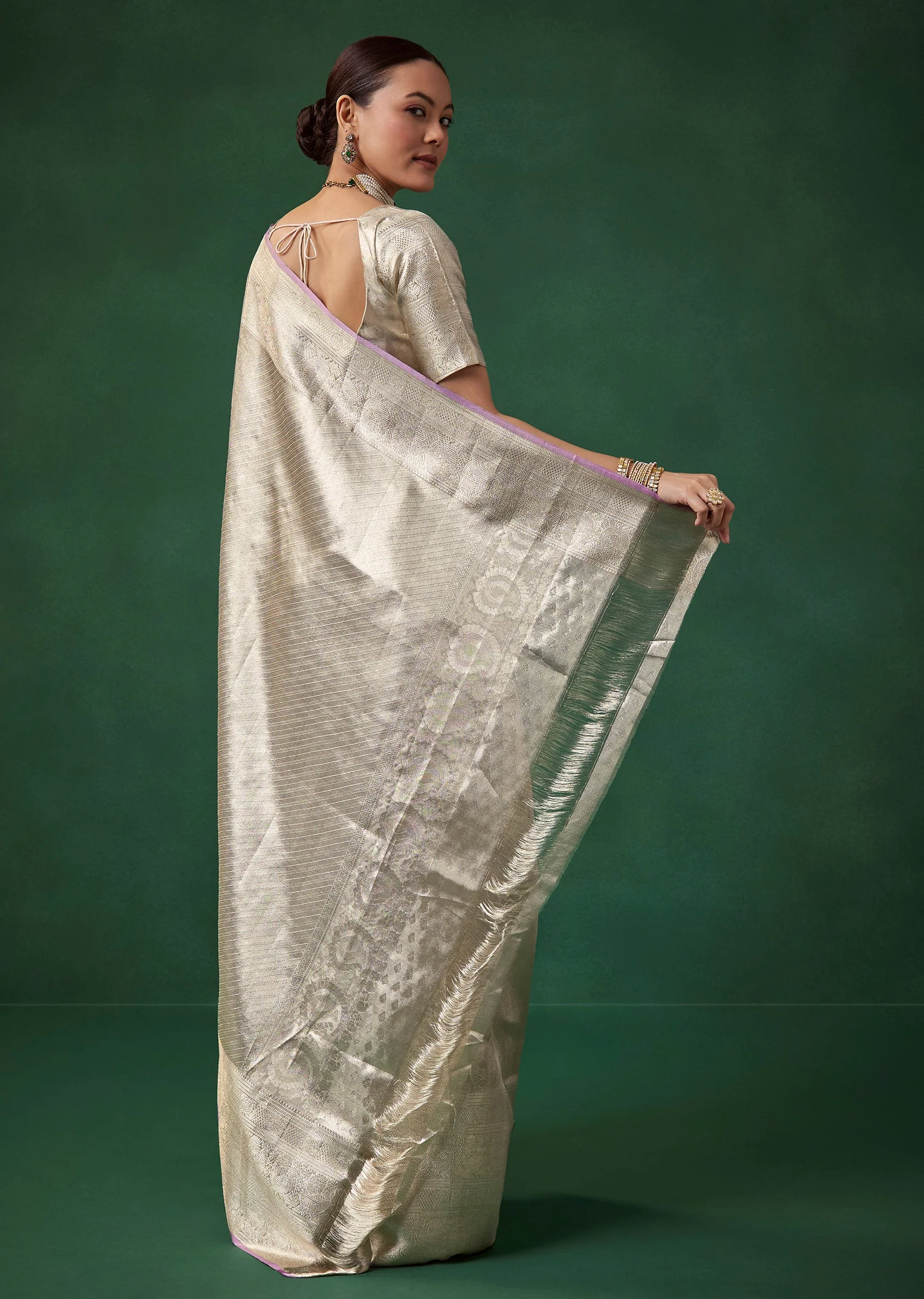 Silver Banarasi Jacquard Weave Saree with Unstitched Blouse