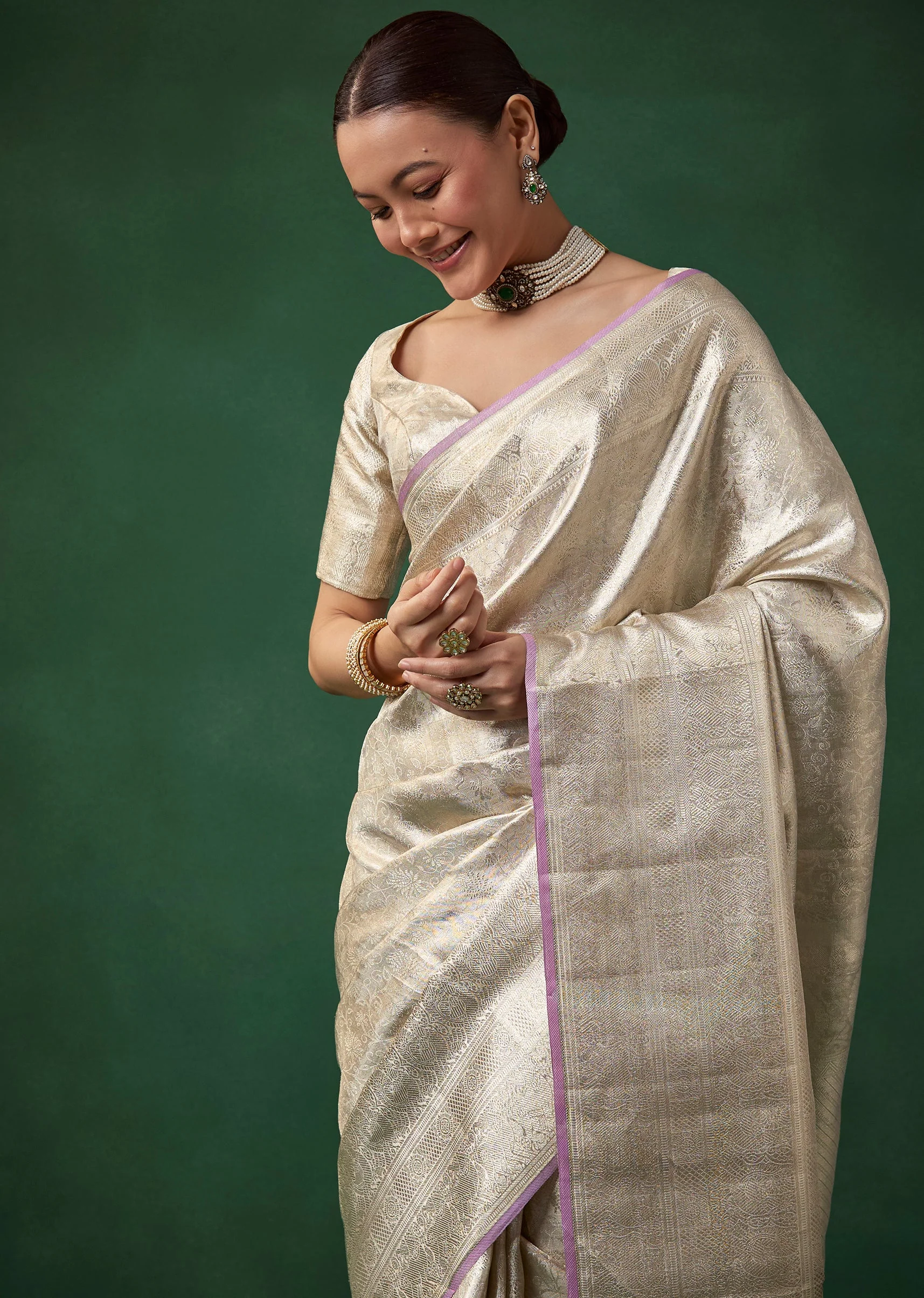 Silver Banarasi Jacquard Weave Saree with Unstitched Blouse