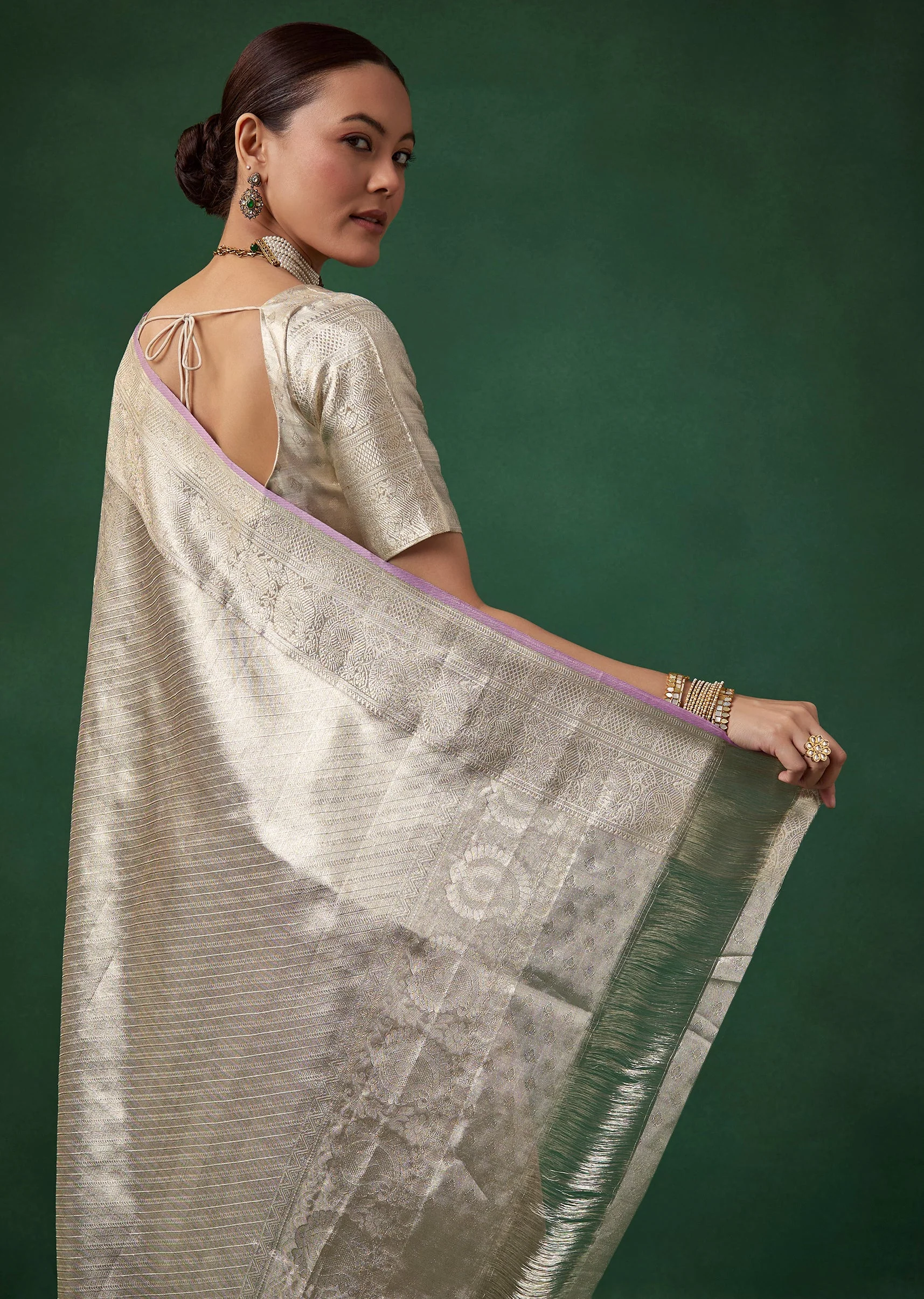 Silver Banarasi Jacquard Weave Saree with Unstitched Blouse