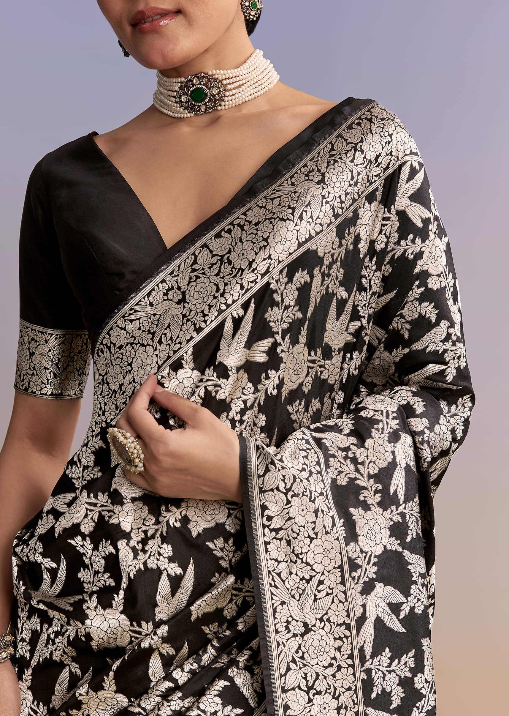 Black Silk Handwoven Banarasi Saree With Floral Zari Jaal Work