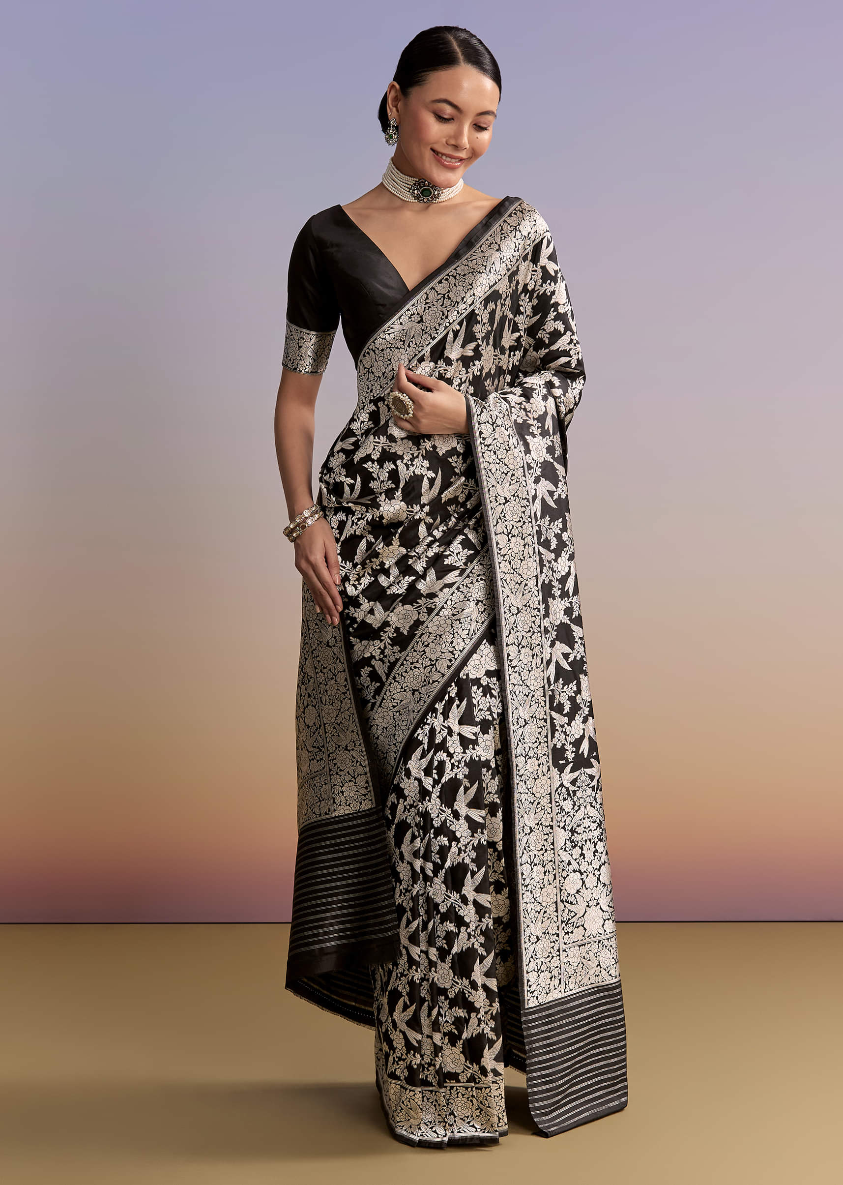Black Silk Handwoven Banarasi Saree With Floral Zari Jaal Work