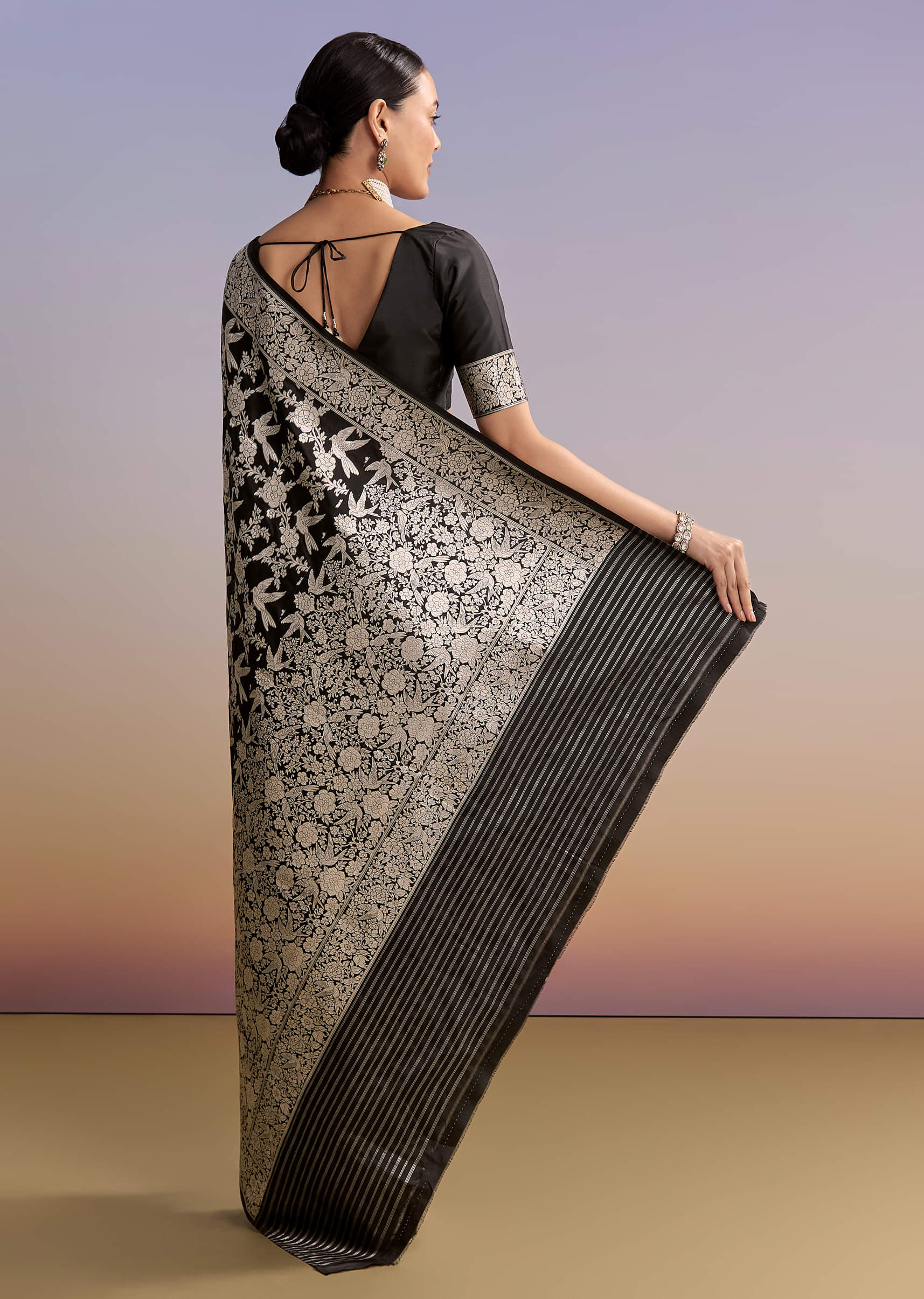 Black Silk Handwoven Banarasi Saree With Floral Zari Jaal Work