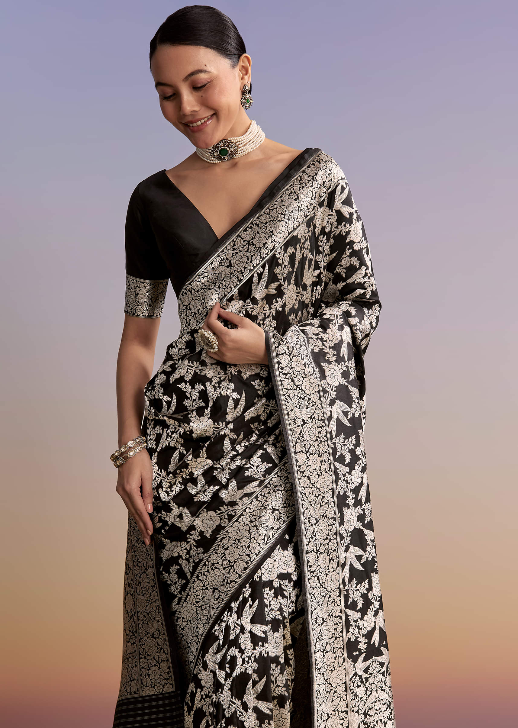 Black Silk Handwoven Banarasi Saree With Floral Zari Jaal Work