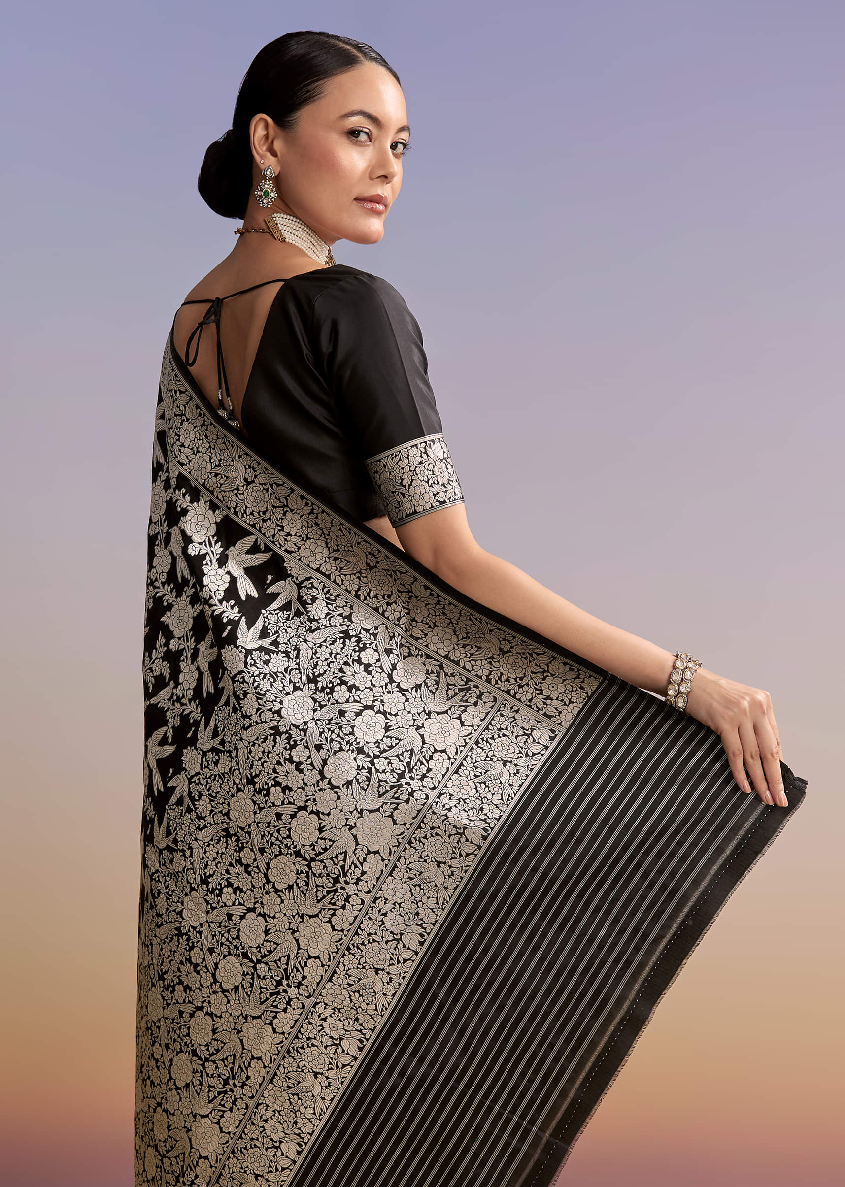 Black Silk Handwoven Banarasi Saree With Floral Zari Jaal Work