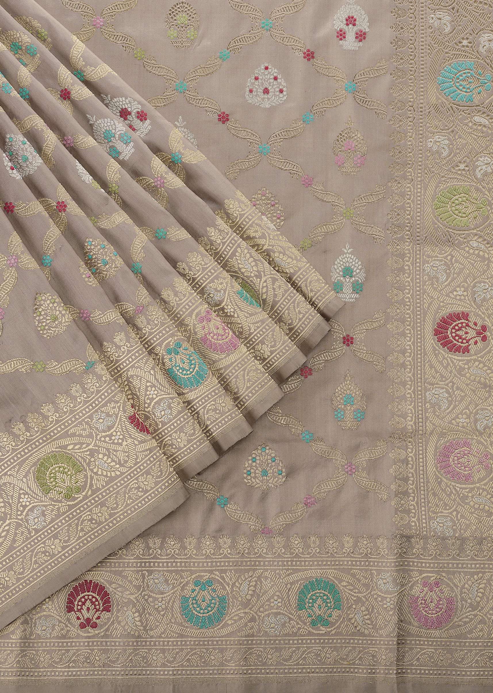 Cloud Grey Handloom Banarasi Saree In Katan Silk With 3-Gram Real Zari Weave And Unstitched Blouse